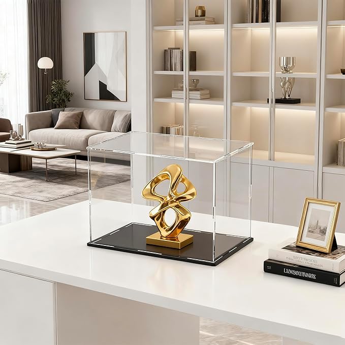 SVENJBB Large Display Case for Collectibles, 16x12x10 Inch Acrylic Box for Miniature House and Figures, Clear Acrylic Display Cases with Matte Black Base for Collection Protection and Storage