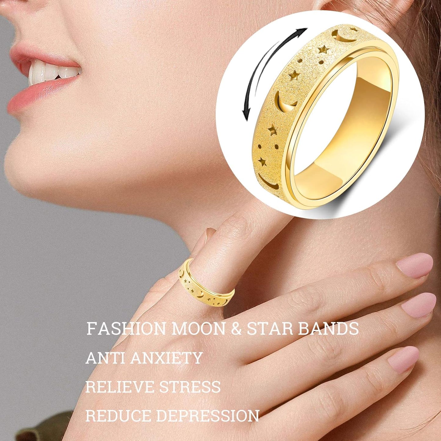 OreilleStar Anxiety Ring for Women Spinner Ring Fidget Spinner Thumb Rings Gold Stainless Steel Band Ring Moon Star Fidget Toys Adults