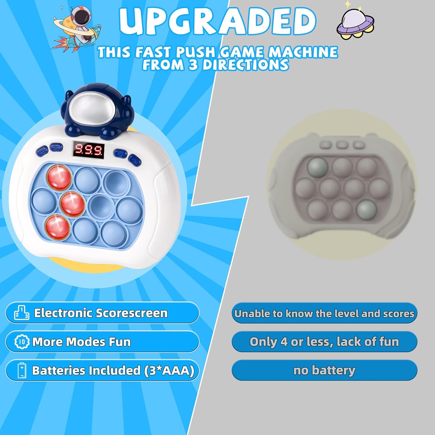 Upgraded Quick Push Game Pop Bubble Up Toys for Kids, Funny Toys with LED Screen for Kids 3-12 for Boys and Girls Bubble Stress,Handheld Puzzle Game Sensory Toys(Batteries Included)(Astronaut)
