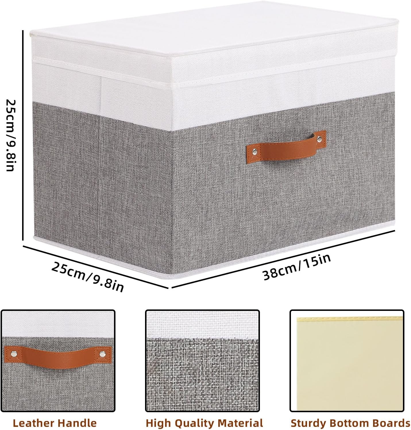 Fabric Storage Bins with Lids, 3 Pack Linen Foldable Cloth Baskets, 15 x 9.8 x 9.8 Inch Closet Organizer Containers with Double Handles, Sweater Boxes for Bedroom, White and Grey