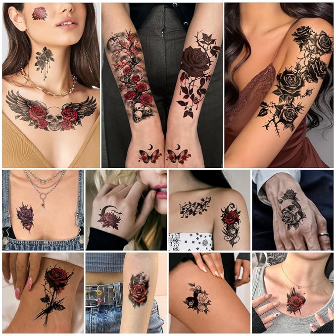 77 Sheets Flowers Skeleton Skull Temporary Tattoo for Women Men, 17 Half Arm Dark Gothic Punk Rocker Butterfly Fake Tattoos, 60 Scary Halloween Cosplay Tiny Adult Kid Body Tattoos Stickers Realistic