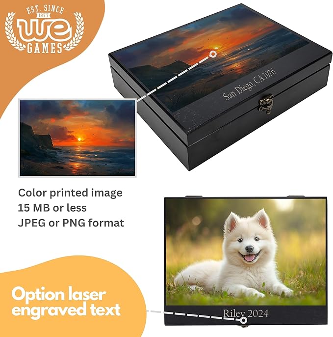 WE Games Custom Color Image Engraved Wooden Treasure Box with Lid & Brass Latch - Black Stained
