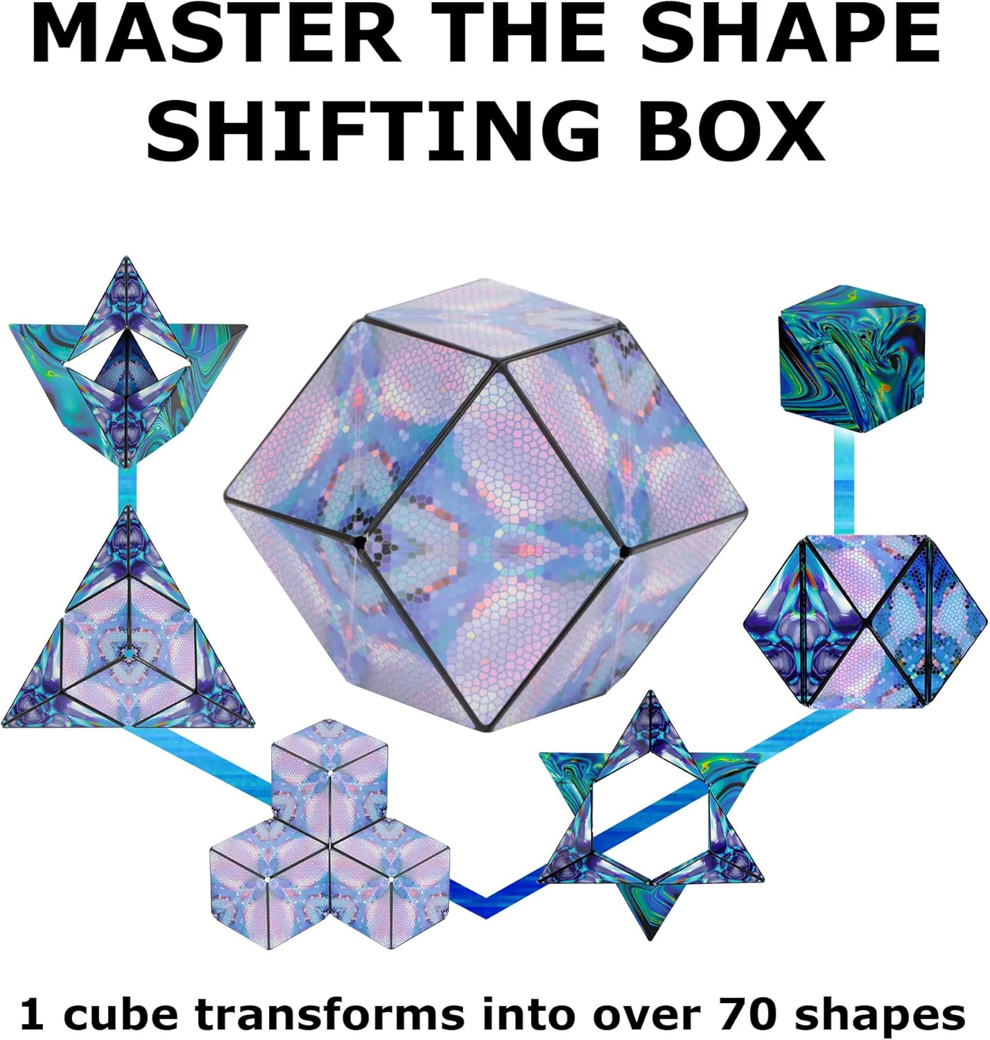 Shashibo Shape Shifting Box - Award-Winning, Patented Fidget Cube w/ 36 Rare Earth Magnets - Transforms Into Over 70 Shapes, Gift Box, Download Fun in Motion Toys Mobile App (Mystic Ocean, 4 Pack)