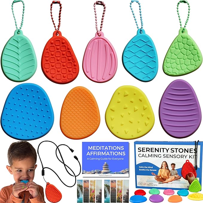 19pc Chewy Sensory Stones Calming Kit w/Calm Strips for Anxiety Relief Items, Chewelry Sensory Toys for Kids with Autism Classroom Must Haves, Worry Stones Fidgets for Classroom
