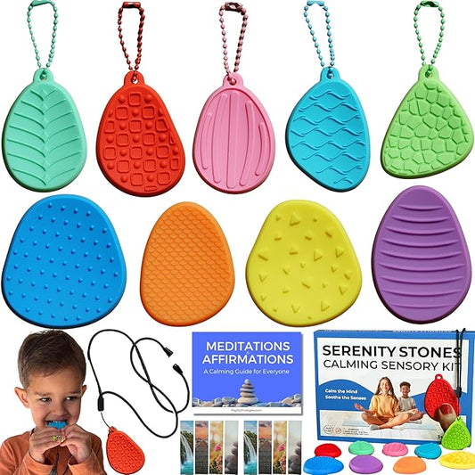 19pc Chewy Sensory Stones Calming Kit w/Calm Strips for Anxiety Relief Items, Chewelry Sensory Toys for Kids with Autism Classroom Must Haves, Worry Stones Fidgets for Classroom