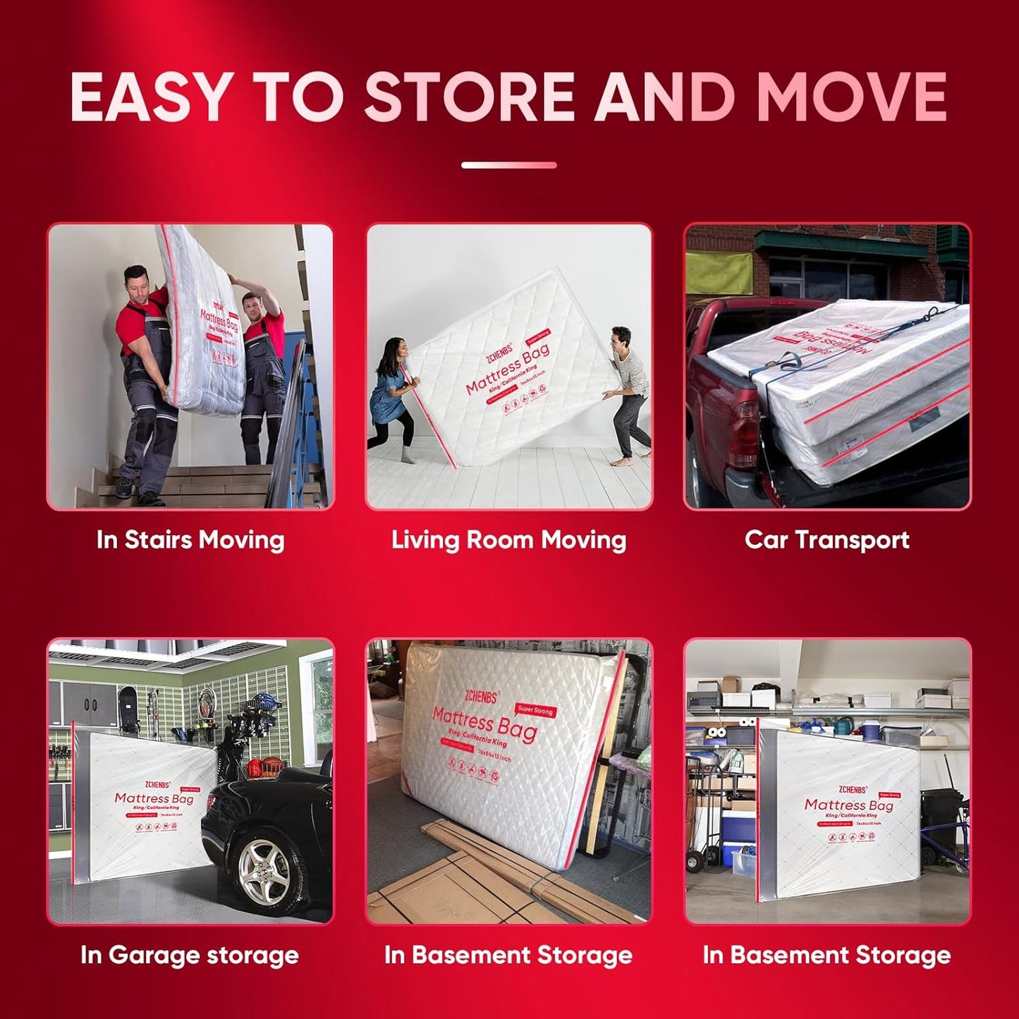 ZCHENBS® – Mattress Bags for Moving and Storage,Mattress Bag with Zippers,5 Mil Ultra-Thick Bed Bag,Waterproof,Anti-Tear,Heavy-Duty Mattress bag (Transaparent/Red, King/California King-(1 Pack）)