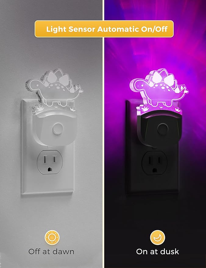 LOHAS Dinosaur Night Light for Boys, Kids Nightlight Plug in, Dusk-to-Dawn, Stegosaurus LED Night Lights Plug into Wall, RGB+Soft White 3000K, 3 Lighting Modes, Ideal for Nursery, Room Decor