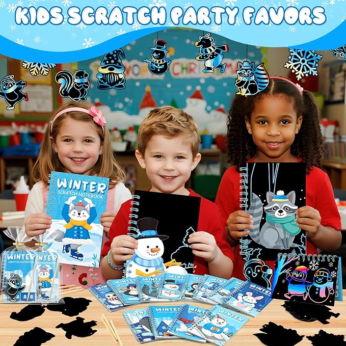12 Pack Winter Scratch Art Party Favors for Kids - Rainbow Scratch Paper Snowflake Penguin Scratch Off Cards Frozen Birthday Goodie Bags Stuffers - Return Christmas Gifts DIY Classroom Prizes