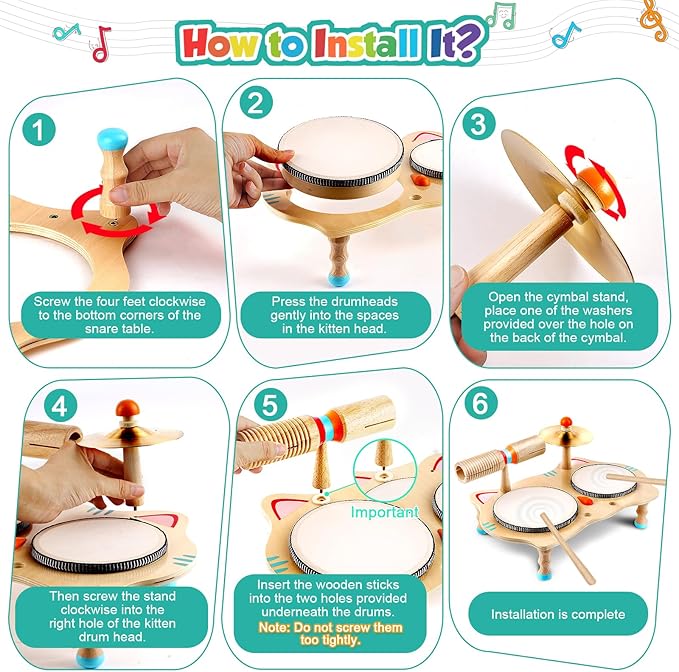 WINGYZ Kids Drum Set – 6-in-1 Wooden Musical Instruments for Toddlers 1–3, Montessori Baby Music Set with Drums, Cymbal & Tone Block, FSC-Certified Cat Design Table for Home & Classroom Learning Gift