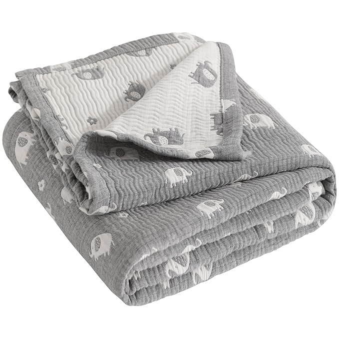 NTBAY 3 Layer Oversized Muslin Cotton Toddler Blanket, Jacquard Reversible Nursery Bed Blanket, Super Soft and Thermal for All Seasons, Baby Gift, 45"x60", Dark Grey Elephant