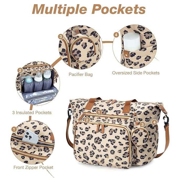 Diaper Bag Tote, Large Baby Diaper Bags for Travel, Hospital Bag for Labor Delivery with Pacifier Case, Changing Pad, Shoulder Strap, Leopard Print