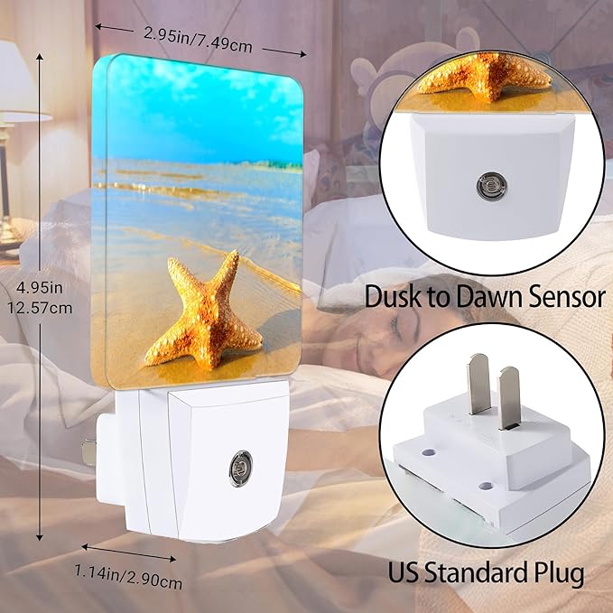 Yellow Starfish on Beach Night Light, Dusk to Dawn Smart Sensor Nightlight for Bedroom Bathroom Kitchen Hallway Stairs Hallway, Plug-in, Energy Efficient Decor Desk Lamp Gifts