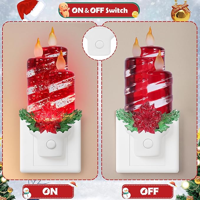 2 Pack Christmas Candle Night Light Plug into Wall Glitter Water Nightlight with USB/Outlet Options, Christmas Decorative Nightlight for Bedroom Kitchen Nursery Holiday Decorations Gifts (Red Candle)