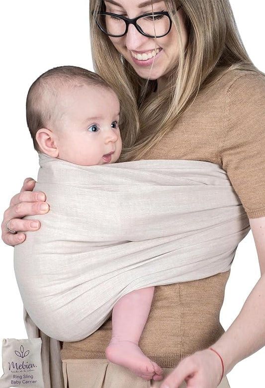Lightweight - 100% Cotton Muslin Ring Sling Baby Carrier Newborn, Toddler, Infant Holder – Adjustable, Breathable, Beige Baby Sling Carrier