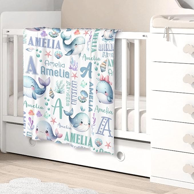 Personalized Baby Blanket for Girls Boys Kids Whales Custom Baby Blanket with Name Throw Birthday Gift for Toddlers Infants Shower Newborns Nursery Stroller Crib Bed Decor