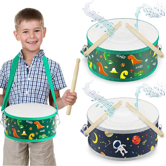 Boao 2 Pcs Kids Drum Set, 8 Inch Toddler Drum Wooden Toy with Adjustable Strap and 4 Drumsticks, Educational Sensory Musical Instrument for Toddlers Kid Baby Boys Girls Gift (Dinosaur,Space)