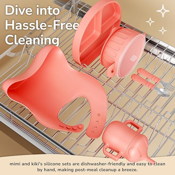 mimi & kiki BPA-Free Silicone Baby Feeding Set, Baby Plates and Bowls Set, Baby Led Weaning Supplies, Silicone Suction Plate, Baby Utensils, Bib and Cup, Self Feeding, Dishwasher Safe (Pink)