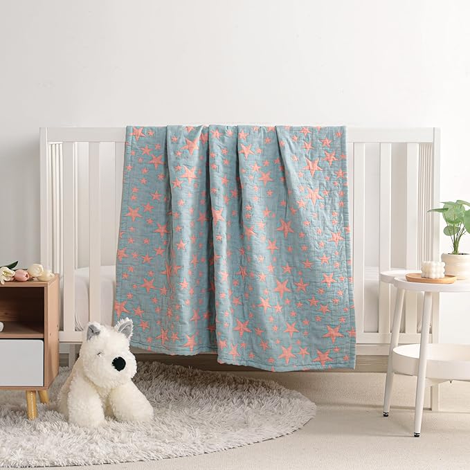 NTBAY 3 Layer Toddler Blanket, Muslin Cotton Jacquard Bed Blankets, Lightweight Thermal Baby Blanket, Super Soft and Warm Crib Blanket for All Seasons, Decoration Gift, 30"x40", Red and Blue Star