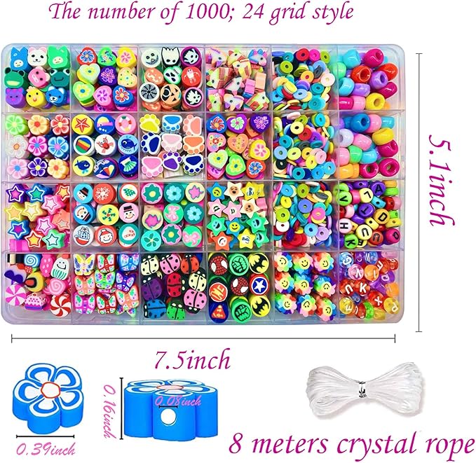 Bracelet Making kit, 1000pcs Polymer Clay Beads Bracelet Making kit, 24 Styles Fruit, Flower, Cake, Butterfly, Necklace, Earrings, DIY Bracelet Making kit Accessories for Women