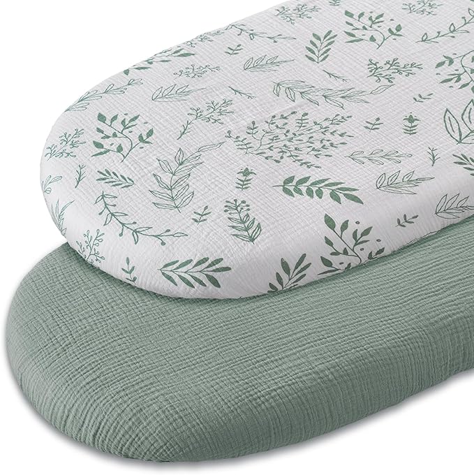Muslin Bassinet Fitted Sheets, 2 Pack for Baby Boy and Girl, Soft Breathable Stretchy Baby Pad/Mattress Sheet Set, Universal Fit for Hourglass Oval and Rectangle Bassinet Mattress (Natural Leaves)