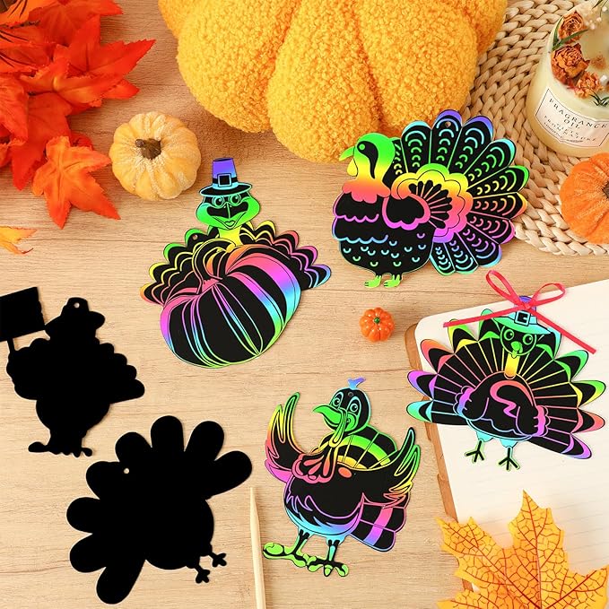 JULMELON 36Pcs Thanksgiving Fall Arts and Crafts, Rainbow Scratch Paper Art Cute Turkey Crafts for School Classroom Activity Autumn Harvest Thanksgiving Party Favors Gifts