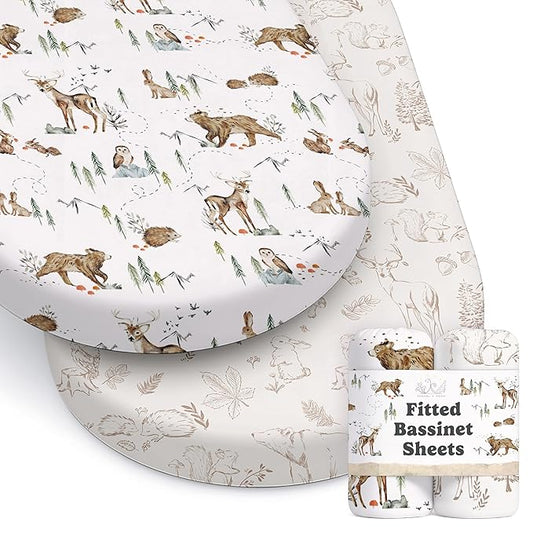 Baby Bassinet Sheets for Boy, Girl (Magic Forest) 2-Pack - Fitted Bedside Bassinet Sheets - Buttery Soft Cotton Blend for Standard Mattress Pad - Compatible with Halo BassiNest