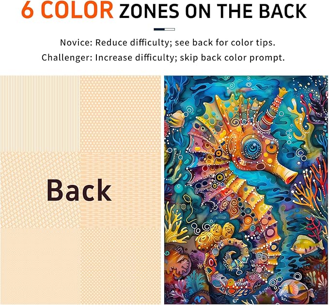 1000 Piece Jigsaw Puzzle for Adults - Vibrant Seahorse Design, 1000 Pieces Challenging & Colorful Art Puzzle for Adults, Color-Coded Back, Puzzle Gift-Ready 19.25 x 26.65 in