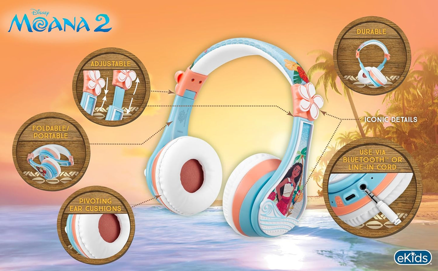 eKids Moana Bluetooth Headphones for Kids, Wireless Headphones with Microphone Includes Aux Cord, Kids Earphones for School, Home, or Travel