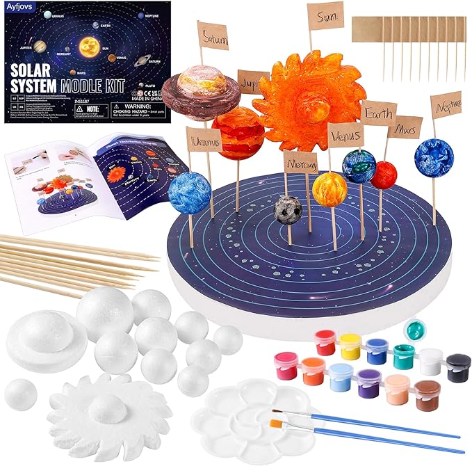 Ayfjovs Solar System Model Kit, Solar System Foam Balls Crafts for Kids School Projects to Learn Planets, Includes Mixed Sizes Polystyrene Balls, Pigments, Flags, Brushes, Bamboo Sticks for DIY