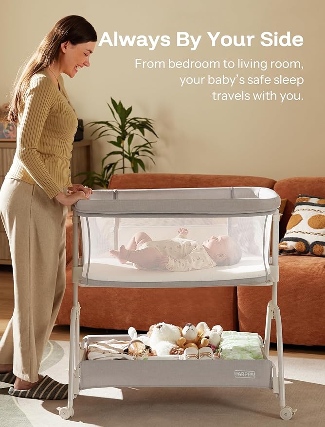 HARPPA Cuddly Bassinet, 2 in 1 Baby Bassinet with Breathable Mesh and Mattress, 6 Height Adjustable, Bedside Sleeper with Anchor Strap, Storage Basket and Wheels