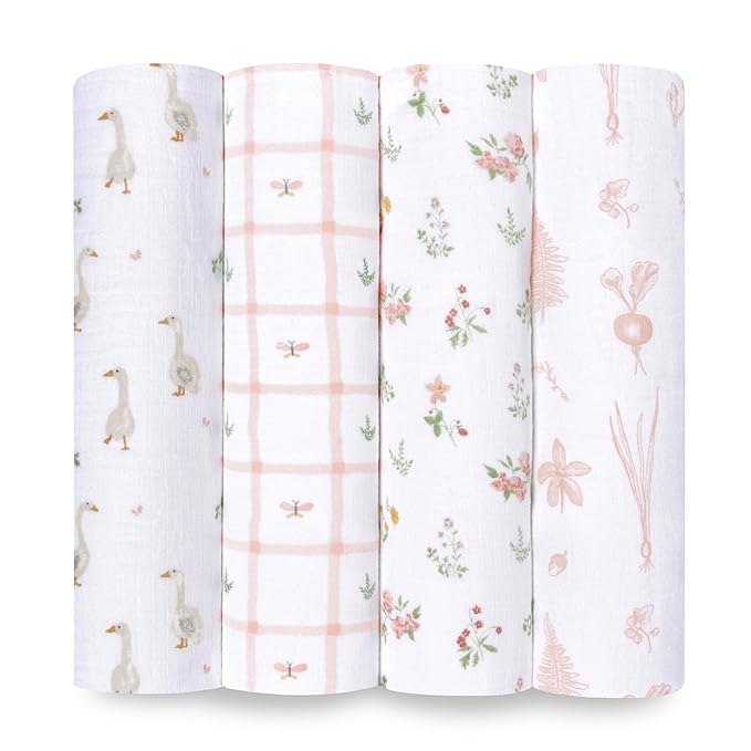 aden + anais Essentials Baby Muslin Swaddle Blankets, Newborn Receiving Blanket for Swaddling, 100% Cotton Baby Swaddle Wrap, 4 Pack, Country Floral