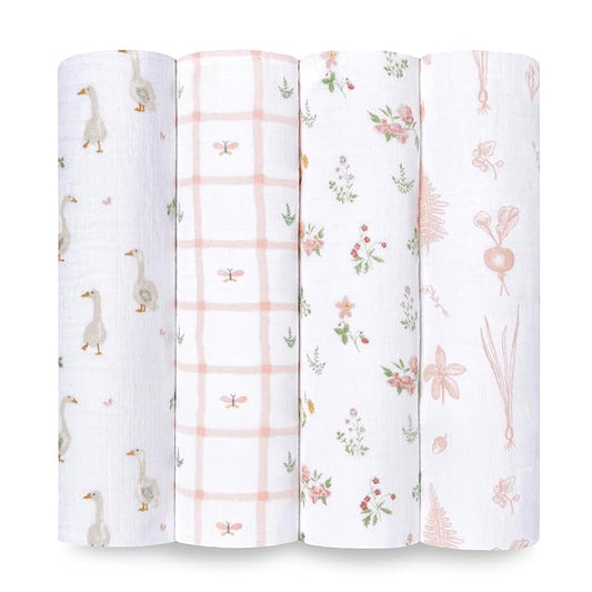 aden + anais Essentials Baby Muslin Swaddle Blankets, Newborn Receiving Blanket for Swaddling, 100% Cotton Baby Swaddle Wrap, 4 Pack, Country Floral