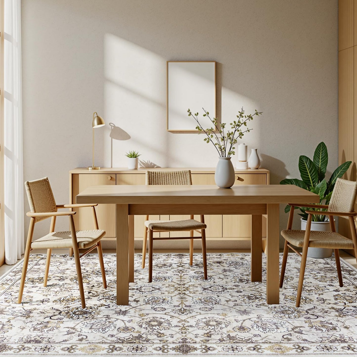 Floral 8x10 Area Rugs for Living Room, Washable Large Bedroom Rug, Soft Non Slip Carpet, Stain Resistant Low Pile Carpets for Indoor Under Table Dining Home Office Nursery, Beige