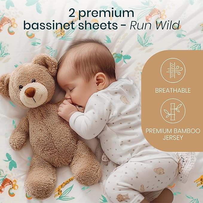 Tutti Bambini Premium Bassinet Sheets (2 Pack) - Soft & Breathable Bamboo Jersey, Double-Strength Bedside Sleeper Sheets, Fits Mattresses from 20.8 x 31.5 in to 23.6 x 35.4 in (Run Wild)