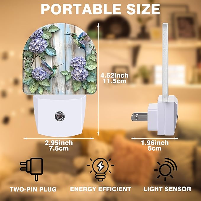 Night Lights Plug into Wall Hummingbirds and Hydrangea Flowers Night Light Dusk to Dawn Smart Sensor Decorative Round Led Lamp for Bedroom Kitchen Hallway Nightlight for Women Men
