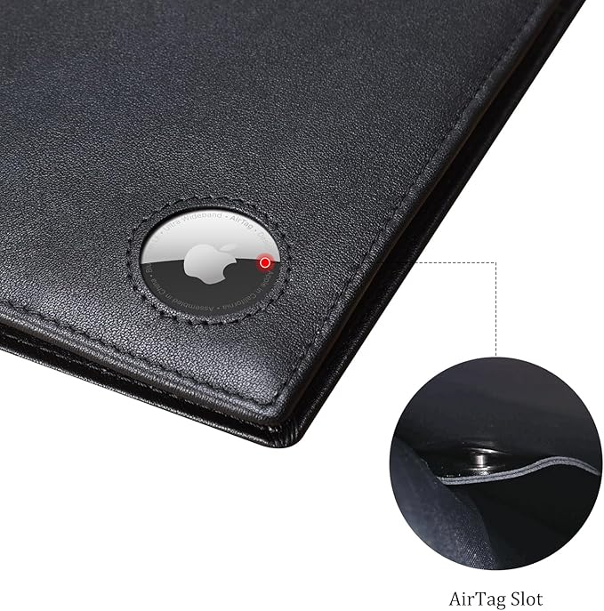 Polare Luxury RFID Blocking Leather Passport Holder Travel Wallet For Men and Women (Black with AirTag Slot)