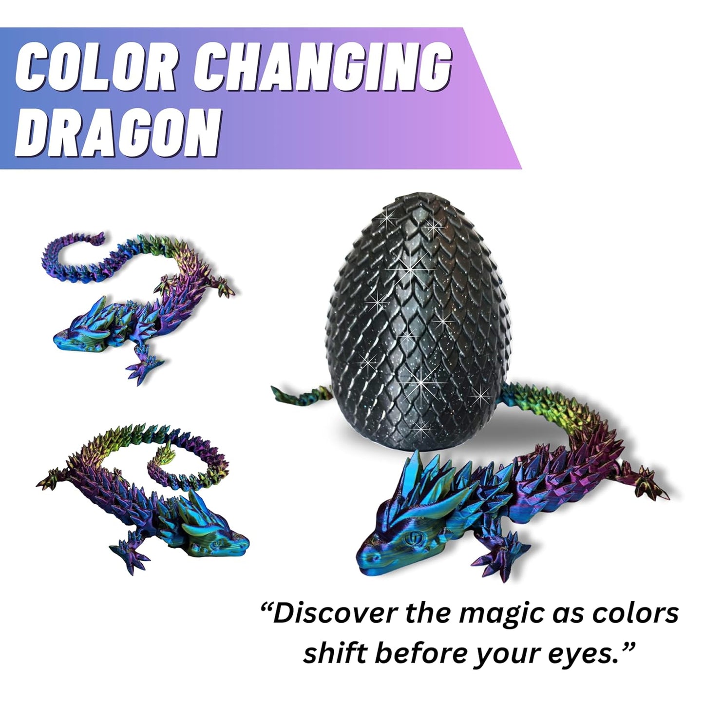 Big 20" Color-Morphing Dragon with Magic Sparkle Egg (Improved Design) Made in USA | Articulated 3D Dragon Eggs with Dragon Inside (RAINBOW & BLACK EGG)