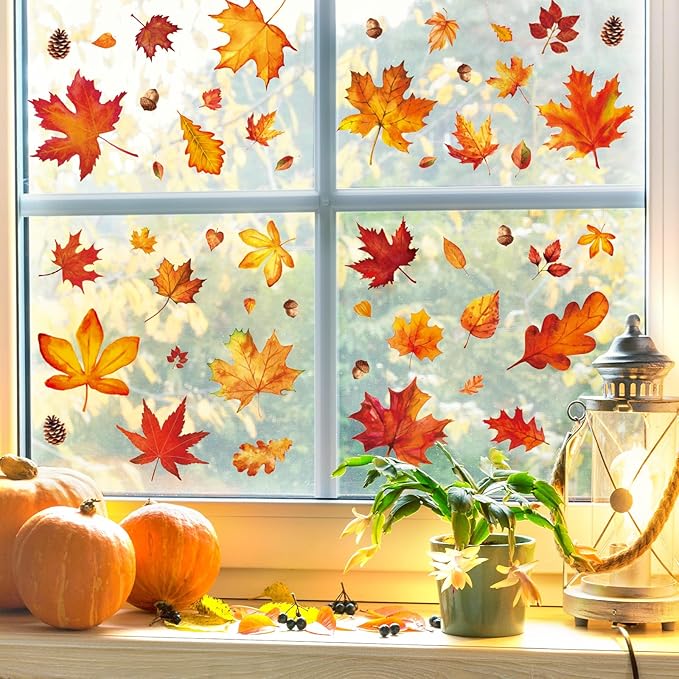 Whaline 9 Sheet Fall Window Clings Watercolor Orange-Brown Maple Leaves Pine Cone Acorn Double-Sided Reusable Windows Decals for Autumn Thanksgiving Halloween Home Windows Glass Holiday Decor