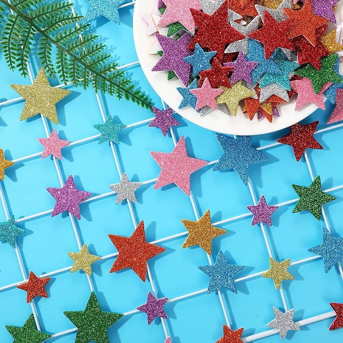JULBEAR Colorful Glitter Star Foam Sticker, 300Pcs Stars Shapes Glitter Self Adhesive Foam Stickers for Kids Party Favors Toddler DIY Crafts Supplies Home Decorations
