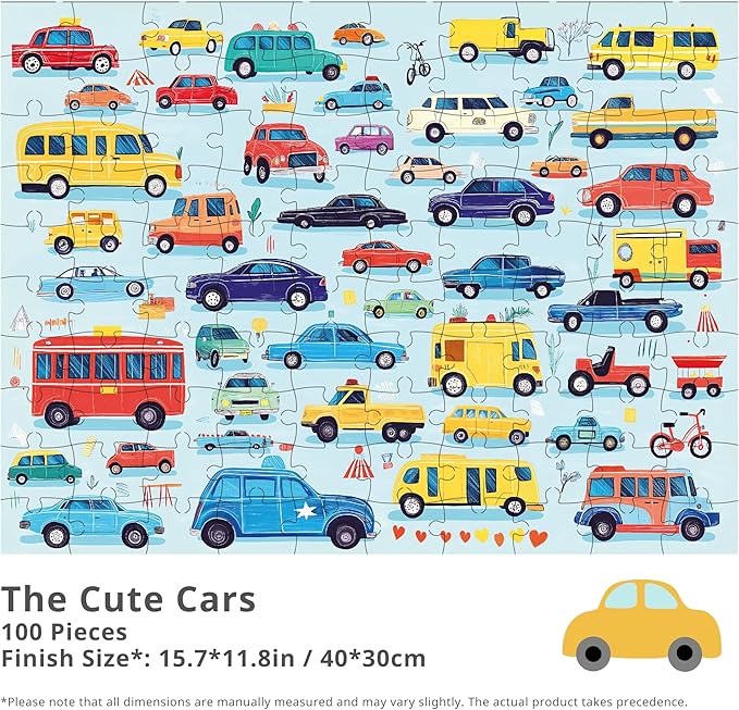 100 Pieces Jigsaw Puzzles, Large Pieces, Puzzles for Beginners, Easy Puzzles for Kids and Seniors, Family Game Nights, Finish Size 15.7 x 11.8 in (The Cute Cars)