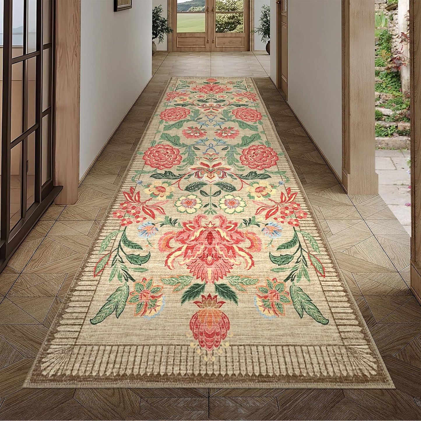 GarveeHome Floral 2x6 Washable Kitchen Runner Rugs Non Slip Camel Taupe Brown Vintage Boho Cottage Long Rug for Hallways Bedroom Entryway Bathroom Mat with Rubber Back