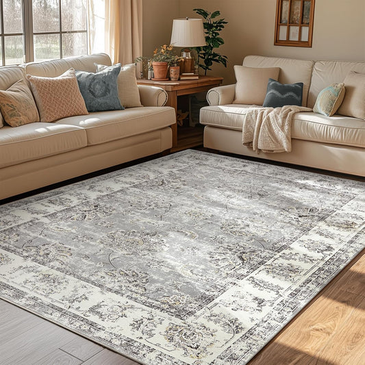 jinchan Vintage Floral 5x7 Area Rugs for Bedroom - Machine Washable Distressed Design Stain Resistant Boho Carpet Ultra-Thin Low Pile Non-Slip Rug for Living Room Dining Room Kitchen (5‘x7',Grey)