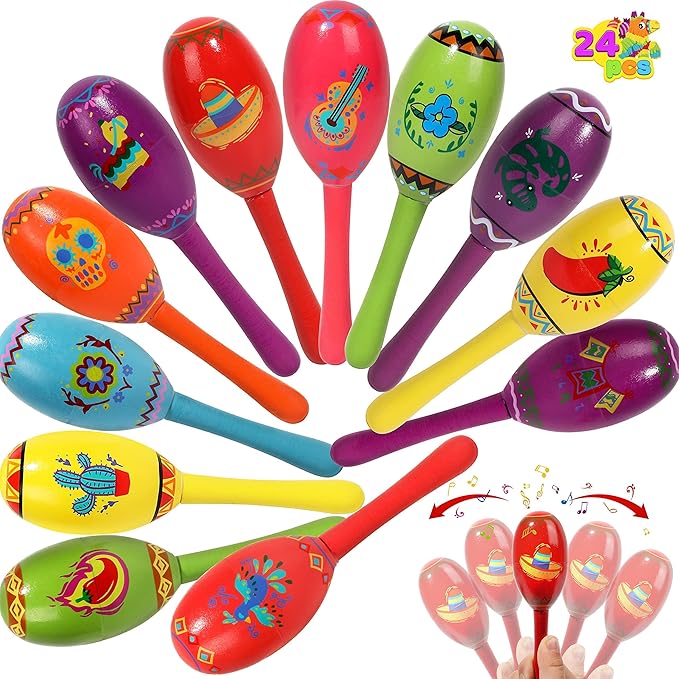 JOYIN 24 Pcs Cinco De Mayo Mini Wooden Maracas Musical Fun Party Favors for Birthday Party Favors, Mexican Fiesta Decorations, Luau Photo Props, Carnivals Event, Taco Tuesday