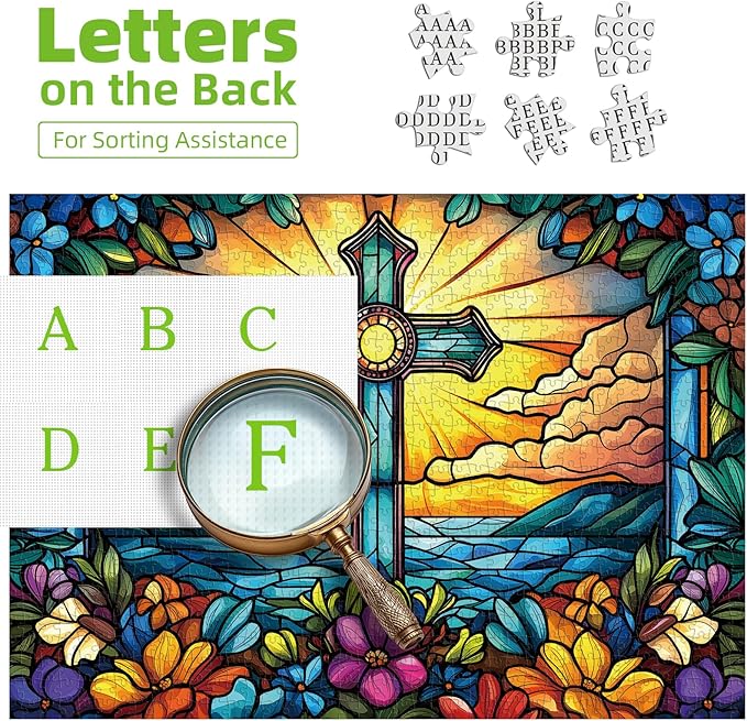 1000 Piece Stained Glass Cross Jigsaw Puzzle for Adults | Challenging & Colorful Cross Flower Pattern | Perfect for Game Nights & Gifts