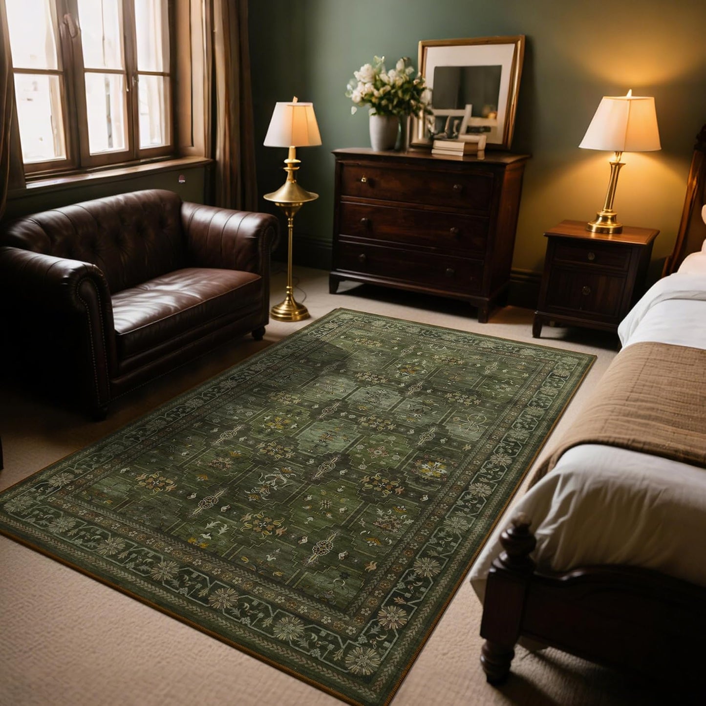 4x6 Area Rug for Bedroom Machine Washable, Non Slip Vintage Floral Kitchen Rugs for Dining Room, Low Pile Indoor Floor Print Carpet for Nursery Farmhouse Home Office Dark Green