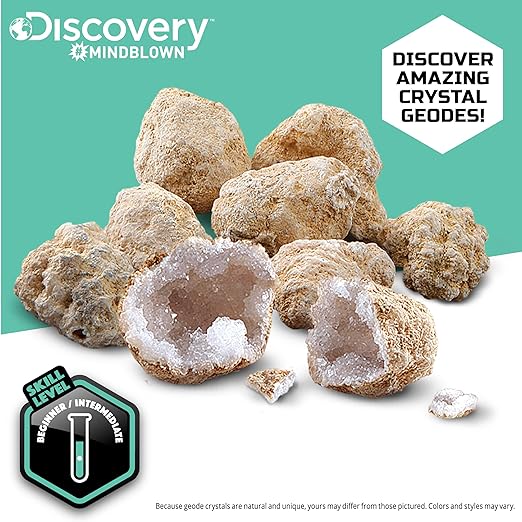 Discovery™ Crack-Open Geode Kit – Mystery Crystal STEM Science Set | 10 Natural Quartz Geodes | Kids Goggles, Magnifying Glass & Display Stands | Rock Dig Activity Toy| Educational Experiment Gift