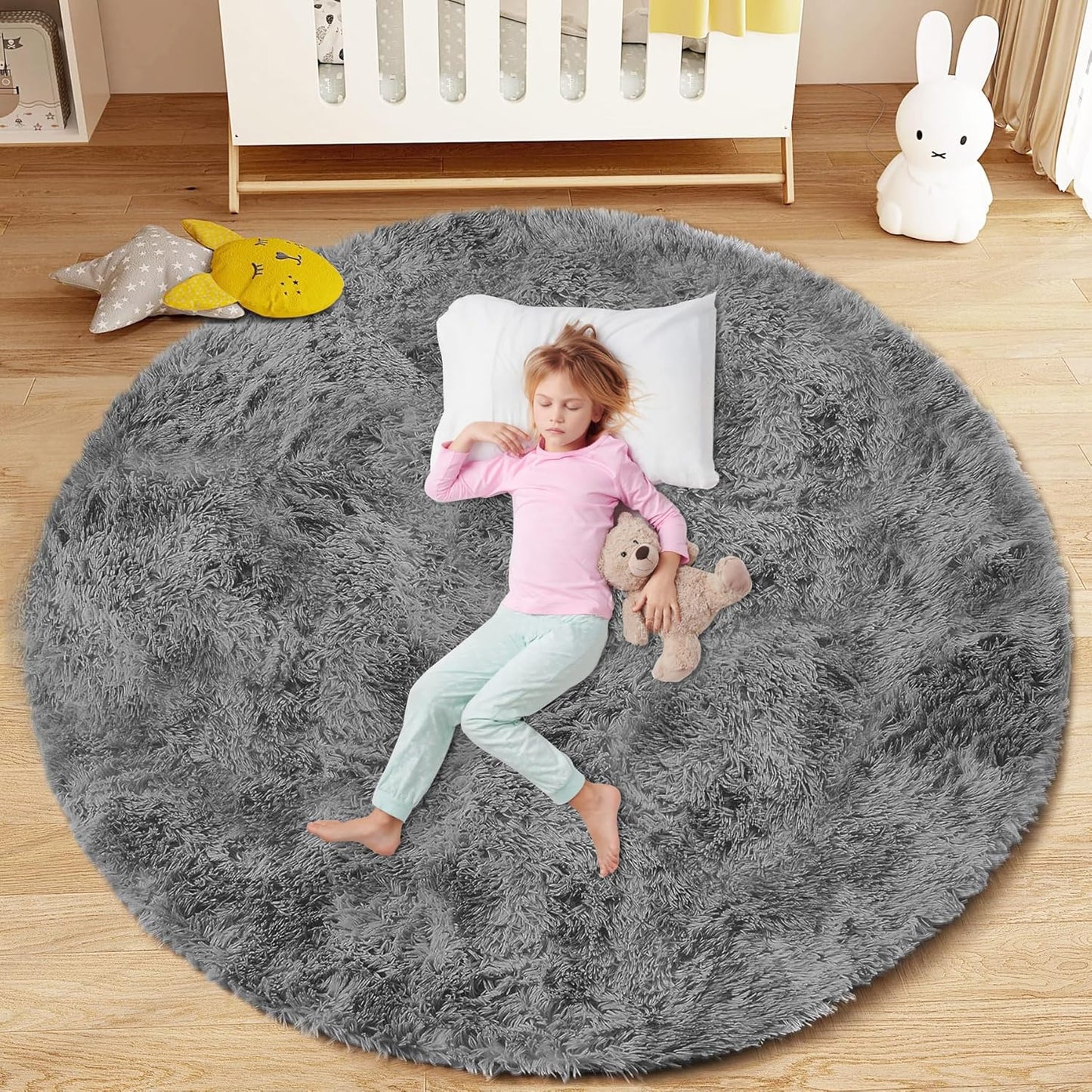4FT Round Rug for Bedroom: Fluffy Shag Soft Washable Rugs Circle Small Fuzzy Plush Indoor Carpet for Living Room Nursery Playroom Dorm Kids Girls Boys Room (Dark Grey, 4'x4')