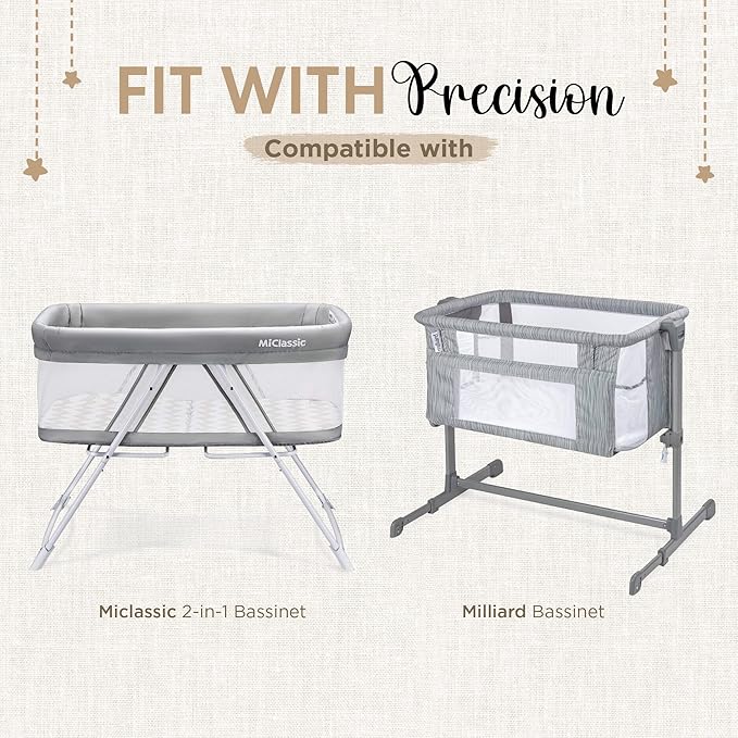 Bassinet Fitted Sheets - Compatible with MiClassic, and Milliard Bassinet |100% Organic Jersey Cotton - White + Grey | 35x20 (2 Pack)