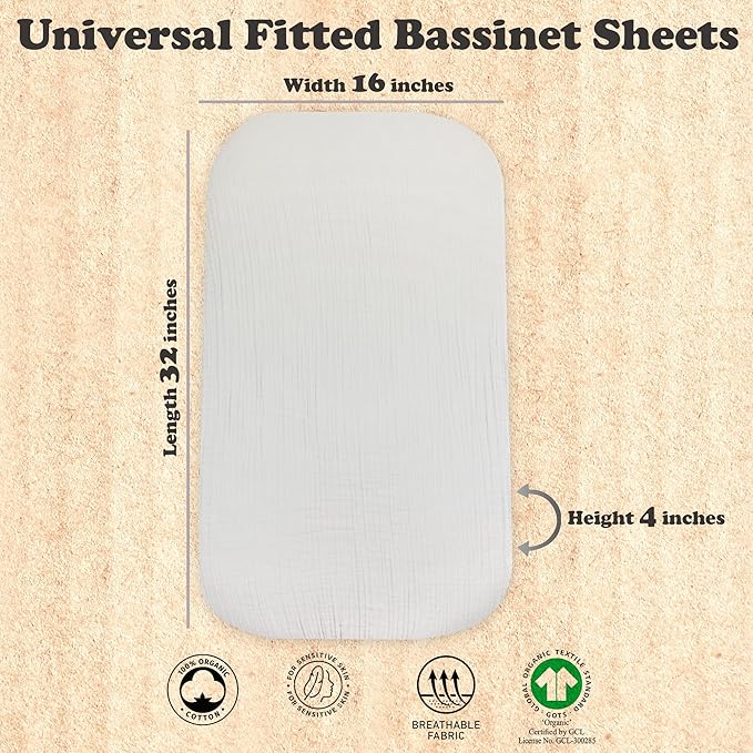 3-Pack Organic Muslin Bassinet Fitted Sheets, Compatible with Halo, Snoo, Graco, Dream On Me, Delta, and Other Standard Size Bassinets - Fits Oval, Hourglass, & Rectangle Shapes (32 x 16 x 4 Inches)