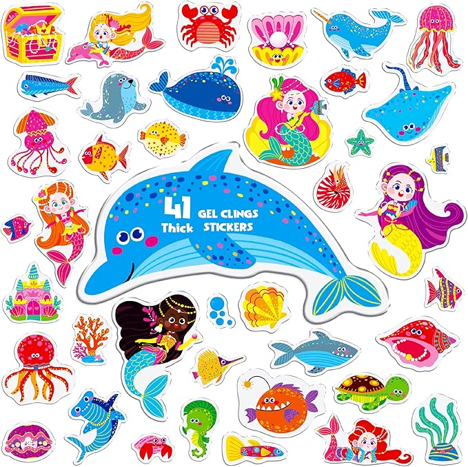 41PCS Marine World Jelly Stickers, Mermaid and Ocean Creatures Thick Window Door Decors Removable Reusable Gel Clings Decals for Kids Toddlers Kids Home Classroom Animal Party Supplies (Not Edible)